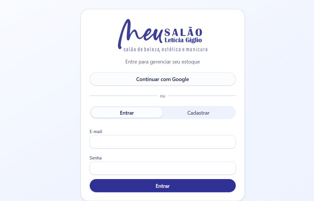 Tela de login do Meu Salão Letícia Giglio — salão de beleza, estética e manicure, com opção de continuar com Google e campos de e-mail e senha.