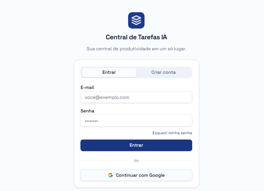Tela de login da Central de Tarefas IA — campos de e-mail e senha e botão de entrar.