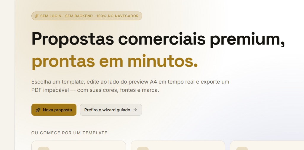 Tela inicial do Propostas Comerciais Premium com título 'Propostas comerciais premium, prontas em minutos' e botões Nova proposta e Prefiro o wizard guiado.