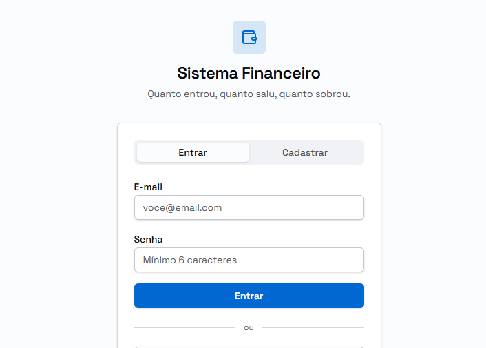 Tela de login do Sistema Financeiro IA — campos de e-mail e senha, abas Entrar e Cadastrar e botão azul de acessar.