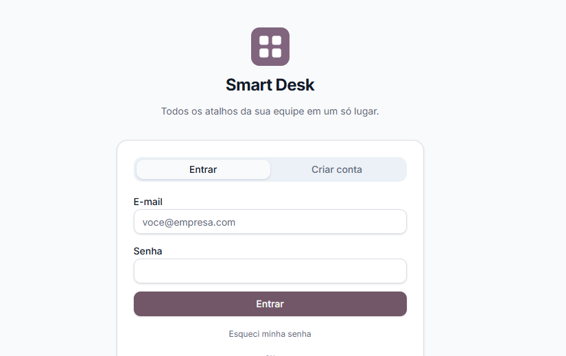 Tela de login do Smart Desk com abas Entrar e Criar conta, campos de e-mail e senha e botão Entrar.