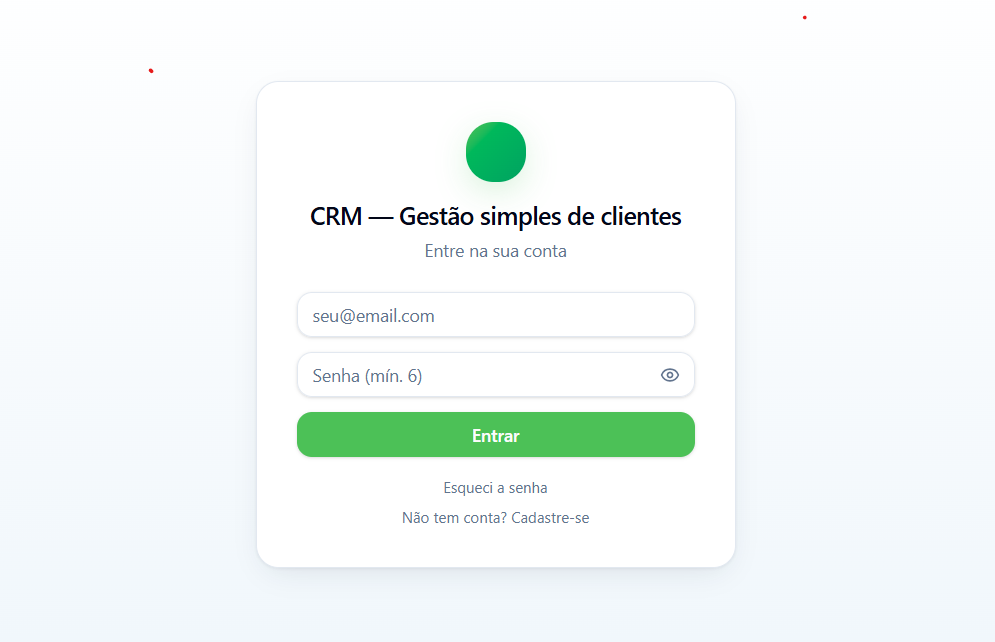 Tela de login do CRM — Gestão simples de clientes, com campos de email e senha e botão verde de entrar.