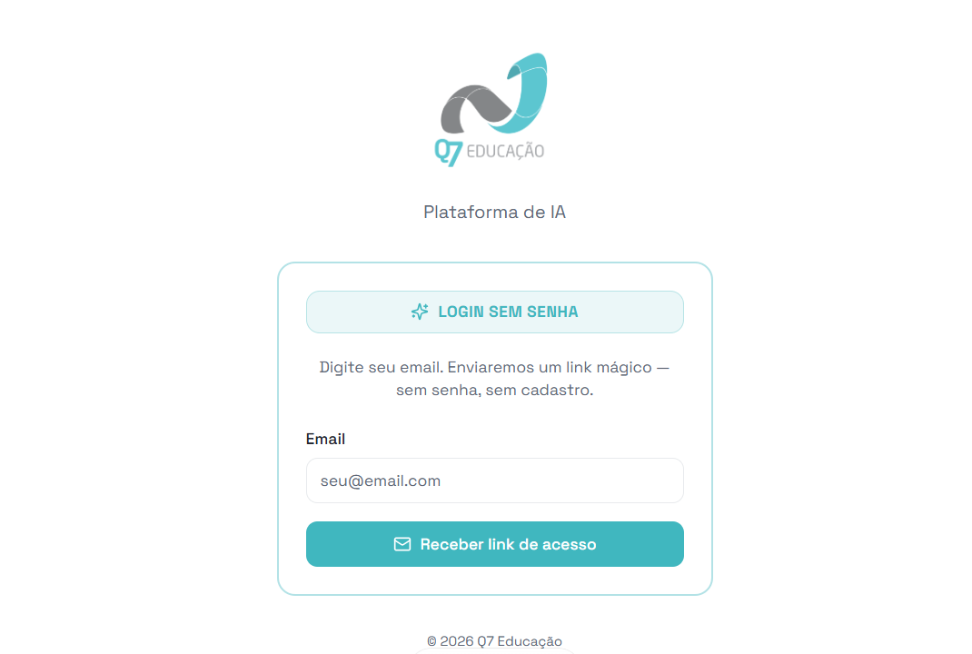 Tela de login da Q7 Educação — Plataforma de IA, com logo Q7 Educação, botão de login sem senha, campo de e-mail e botão para receber link de acesso.
