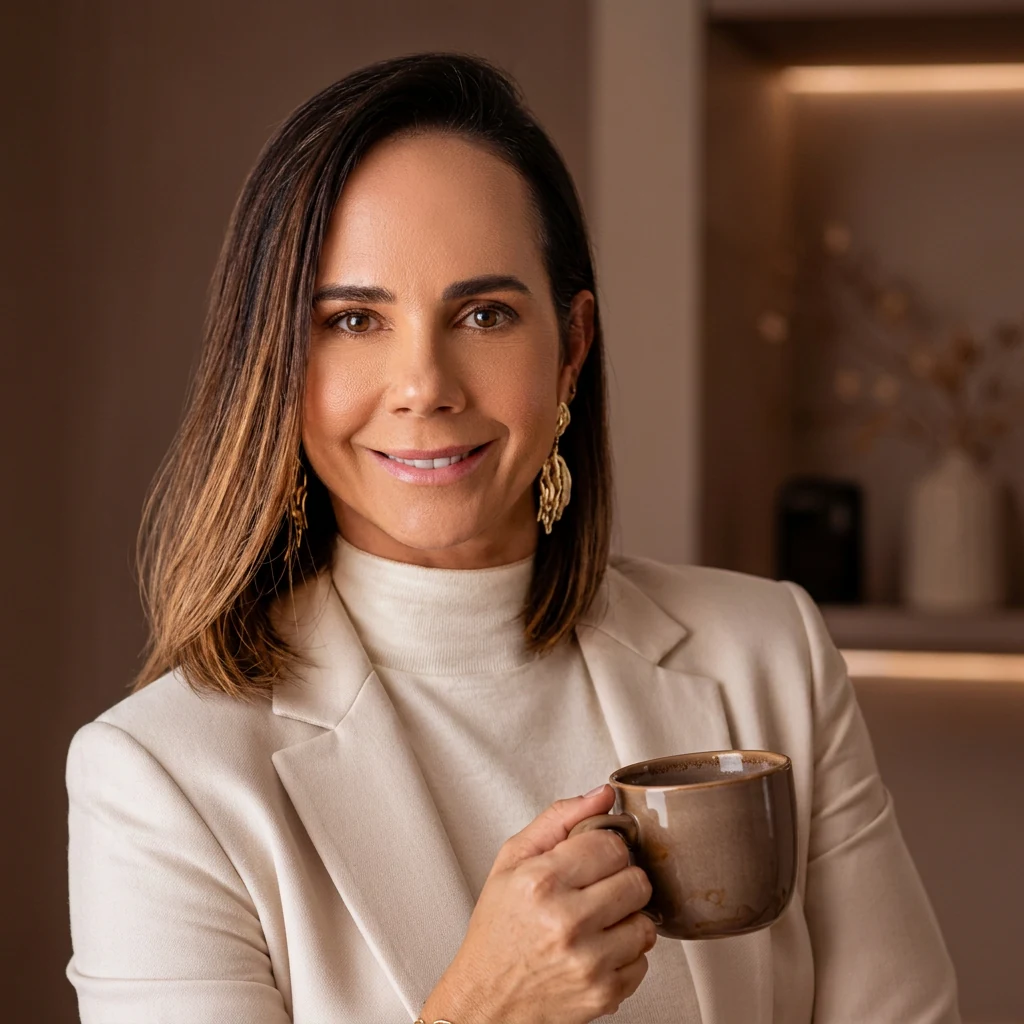 Retrato profissional da nutricionista Flávia Thomaz segurando uma caneca, em ambiente com tons terrosos.